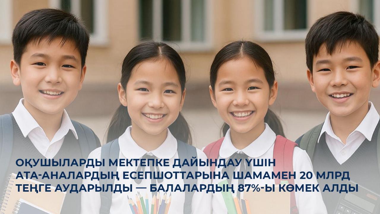 Ата-аналар есепшотына киім мен оқу құралдарын сатып алуға 20 млрд теңге аударылды